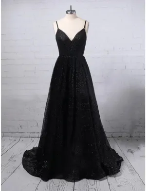 A-Line Prom Dresses Glittering Dress Party Wear Floor Length Sleeveless V Neck Sequined with Slit
