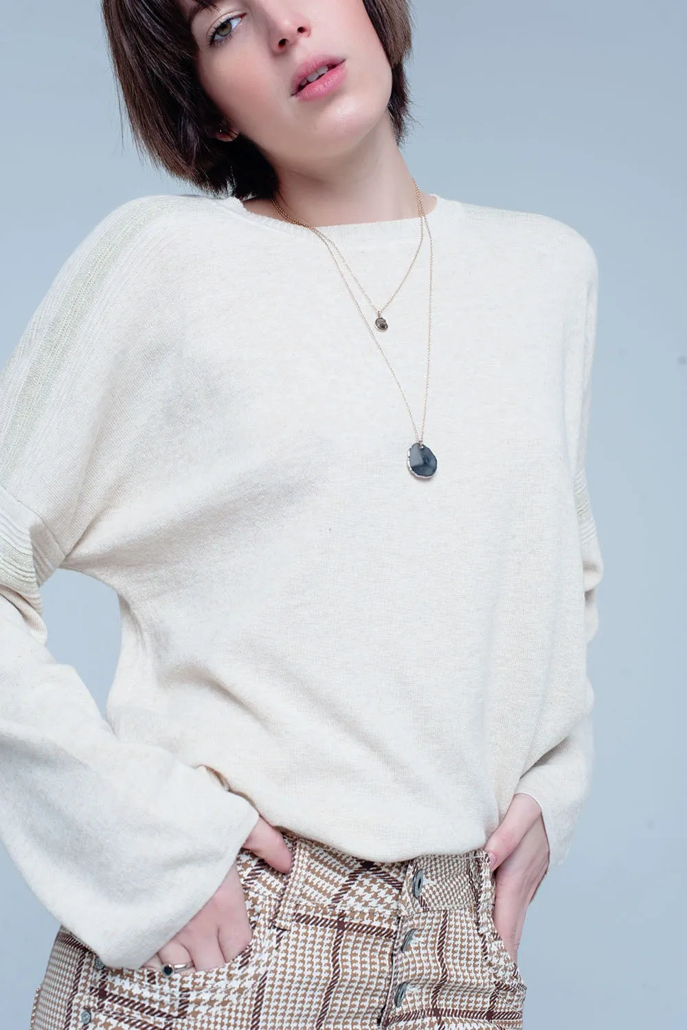 Beige Fine Knitted Sweater with Glitter Details