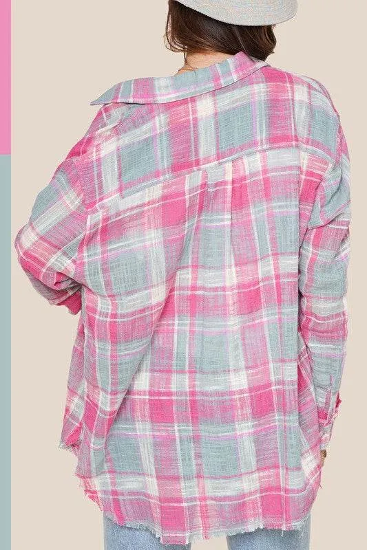 Button Down Pink Plaid Peony Top