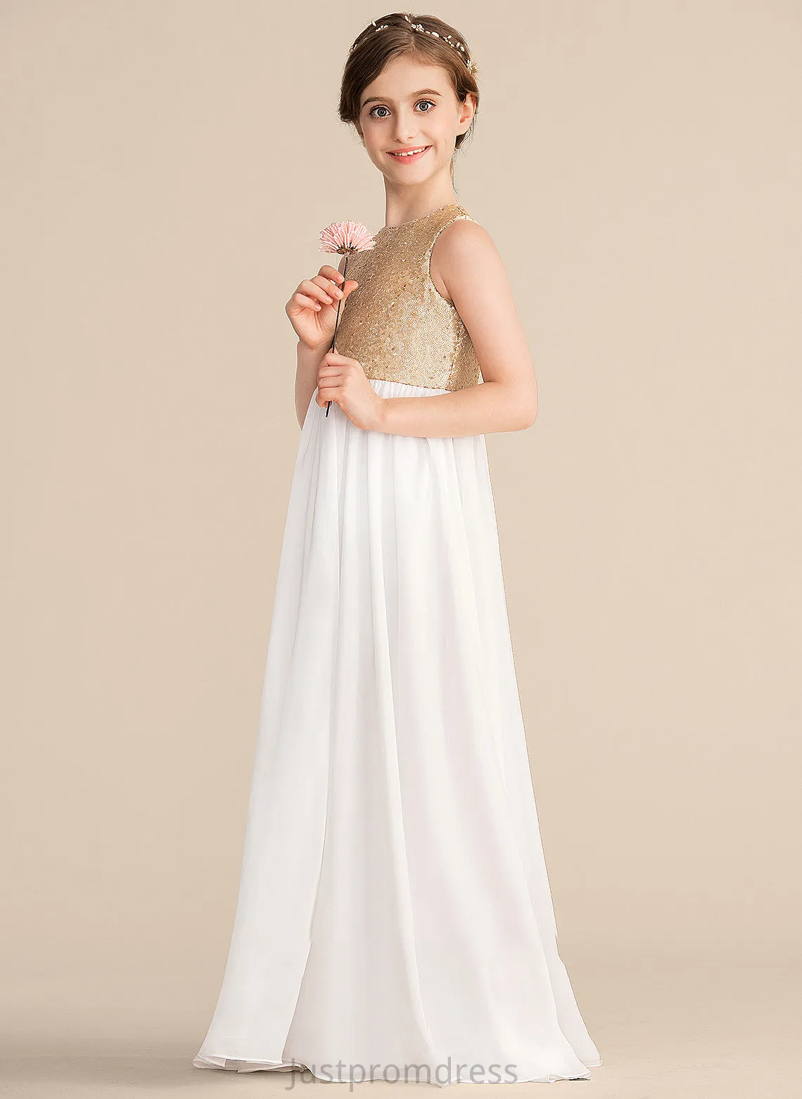 Junior Bridesmaid Dresses Scoop A-Line Savannah Floor-Length Sequined Neck Chiffon