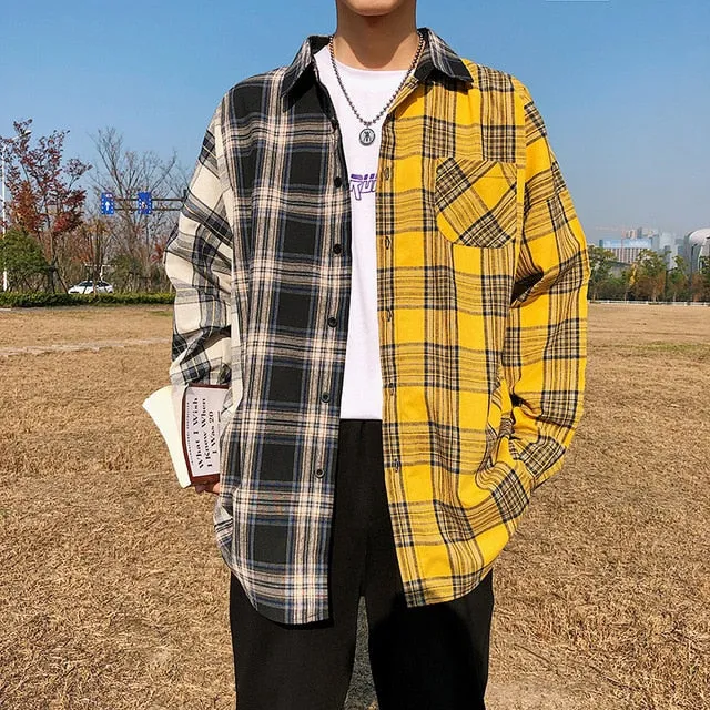 Men Oversized Cotton Plaid Shirt 2021 Man Hip Hop Patchwork Long Sleeve Shirt Couple Korean Clothing