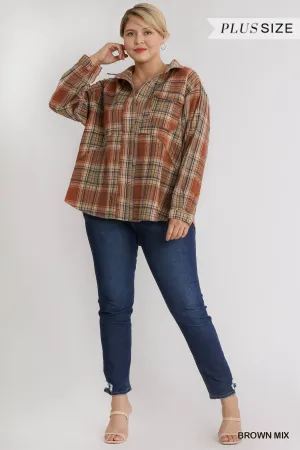 Plus Size Brown Plaid Button Down Boyfriend Long Sleeve Oversized Front pockets Blouse Tops
